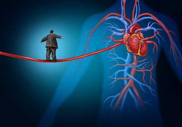 Heart disease and depression, man walking tightrope to heart