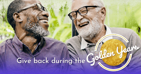 Giving back during the golden years. Two older men laughing, clinical research